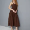 Μίντι φόρεμα από βαμβάκι με τετράγωνο λαιμό και πτυχώσεις