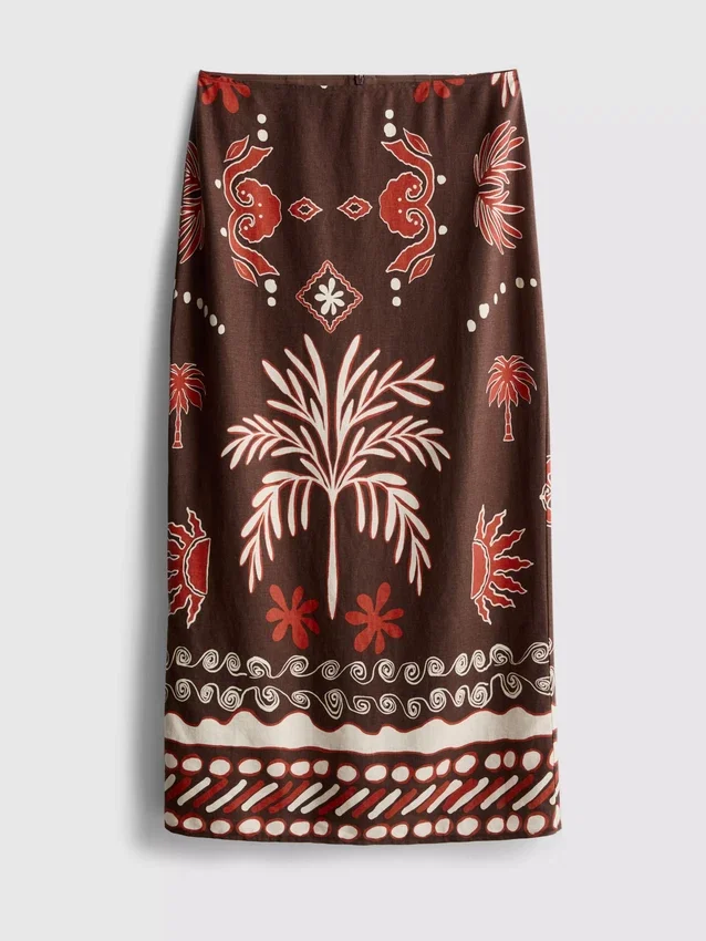 The Edit linen-blend printed midi skirt