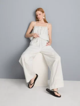 Βαμβακερό παντελόνι με φαρδιά πόδια και κεντήματα